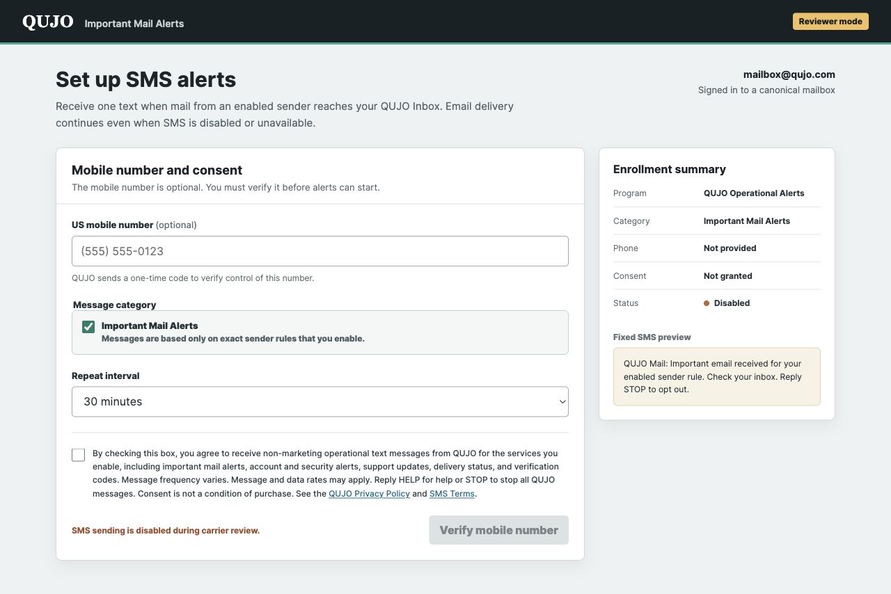 Example of the gated QUJO Important Mail Alerts phone and SMS consent form